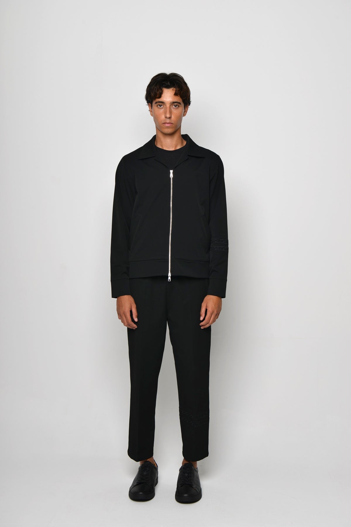 Tailored Collared Jacket and Tailored Straight-Leg Trouser in Ink Black, worn together, full-length front view