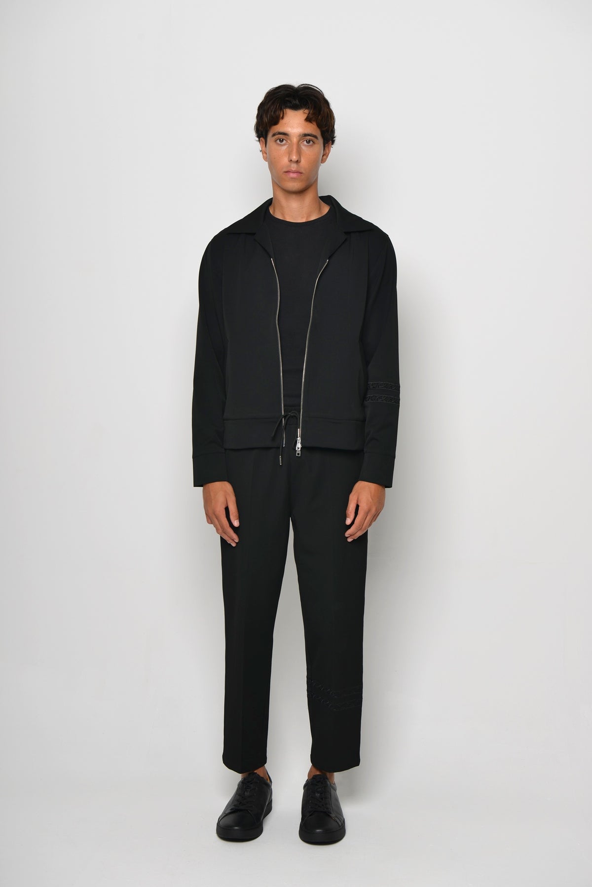 Tailored Straight-Leg Trouser worn with the Tailored Collared Jacket, full-length front view