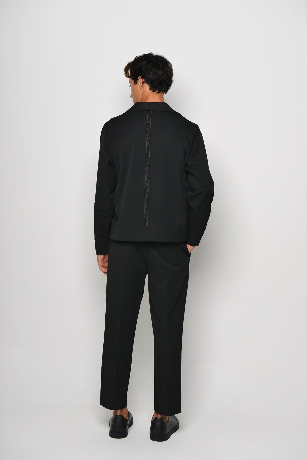 Tailored Collared Jacket and Tailored Straight-Leg Trouser in Ink Black, back view
